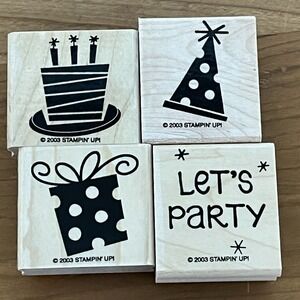 2003 Stampin Up LET'S PARTY Set of 4 Stamps Birthday Cake Gift Hat